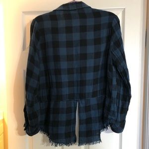 Blue and black plaid womens button up shirt.